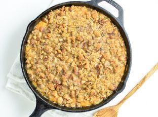 Skillet Sweet Potato Casserole with Bacon, Brown Sugar Crumble