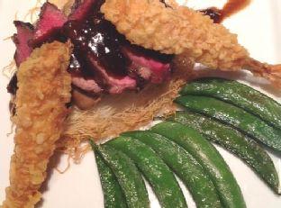 Oriental Filet Mignon on Crisp Kataifi with Shrimp Tempura