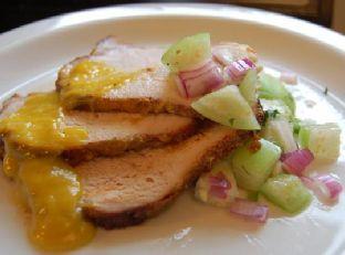 Pork Tenderloin With Mango-Kiwi Glaze Served With Tomatillo Salsa